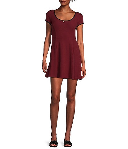 Honey & Sparkle 90s Rib Knit Scoop Neck Pico Edge Rosette Trim Short Sleeve A-Line Skater Dress