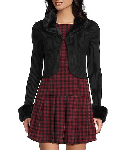 Honey & Sparkle Removable Faux Fur Collared Long Sleeve Cardigan