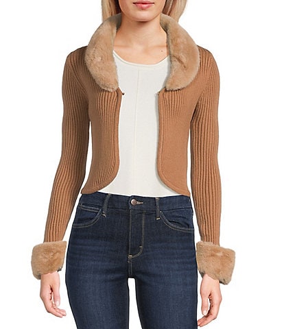 Honey & Sparkle Removable Faux Fur Collared Long Sleeve Cardigan