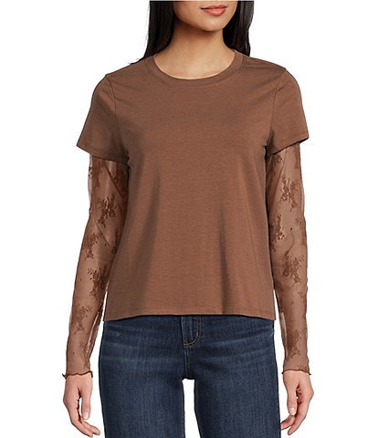 Honey & Sparkle Long Contrast Lace Sleeve T-Shirt Top