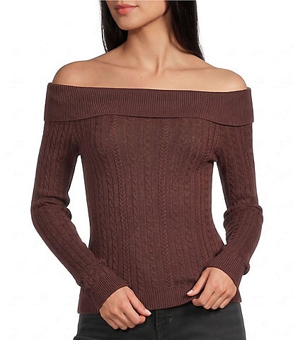 Honey & Sparkle Long Sleeve Cable Knit Off Shoulder Top