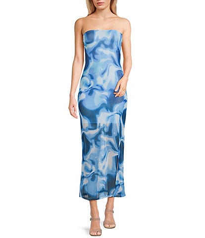 Honey & Sparkle Mesh Strapless Front Slit Maxi Dress