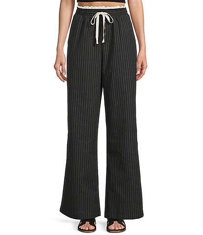 Honey & Sparkle Pinstripe Pattern Mid Rise Lace Trim Wide Leg Pants