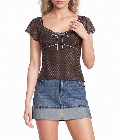 Honey & Sparkle Polka Dot Mesh Flutter Sleeve Tie Back Top