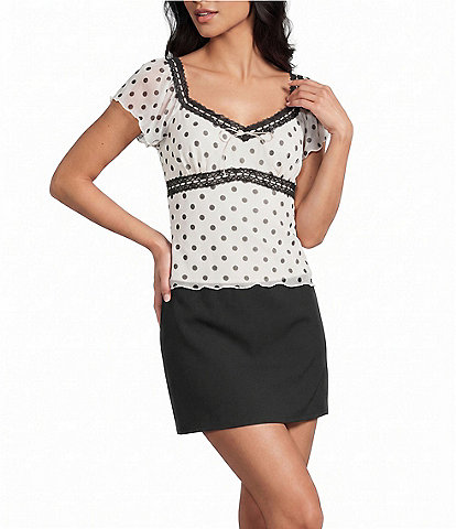 Honey & Sparkle Polka Dot Mesh Short Flutter Sleeve Tie Back Top
