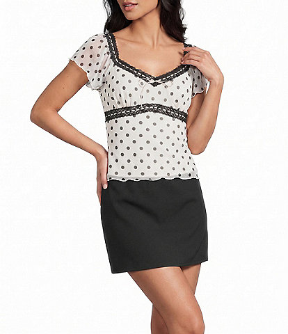 Honey & Sparkle Polka Dot Mesh Short Flutter Sleeve Tie Back Top