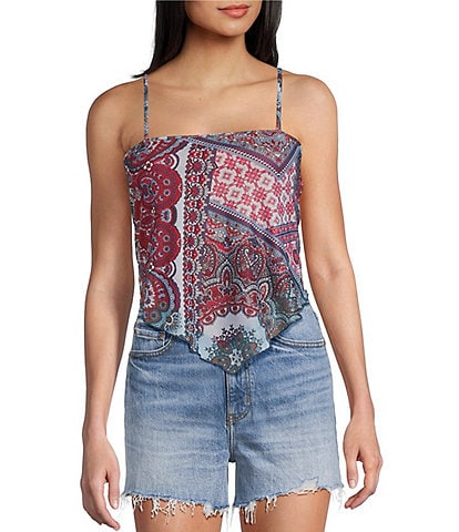 Honey & Sparkle Printed Mesh Handkerchief Hem Tank Top