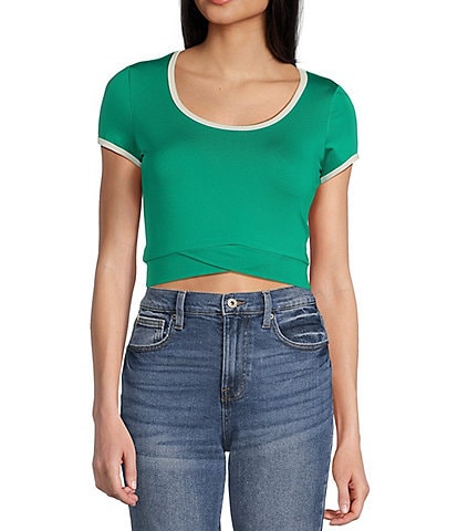 Honey & Sparkle Scoop Neck Short Sleeve Cropped Criss Cross Front Trim Athletic Top