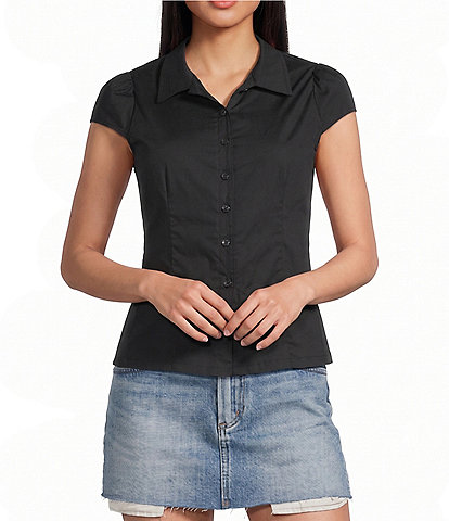 Honey & Sparkle Short Puff Sleeve Point Collar Button Front Top