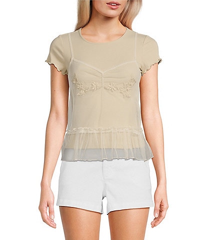 Honey & Sparkle Short Sleeve Taupe T-Shirt Layered Embroidered Tulle Babydoll Cami Top