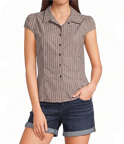 Honey & Sparkle Striped Short Puff Sleeve Collared Button Front Top