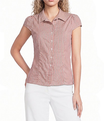 Honey & Sparkle Striped Short Puff Sleeve Point Collared Button Front Top