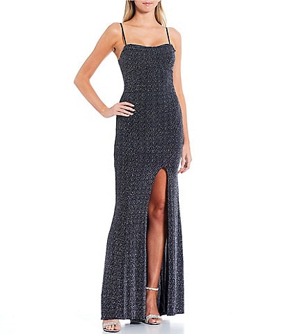 Honey and Rosie Cowl Neck Shirred Front Slit Long Dress