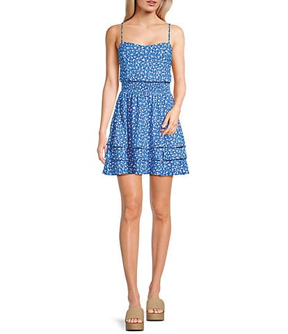 Honey and Rosie Ditsy Floral Rib Knit Sweetheart Neck Smocked Waist Tiered Dress