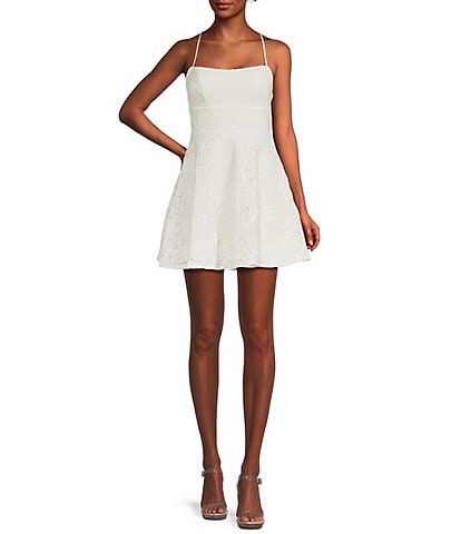 Honey and Rosie Embroidered Sequin Square Neck Spaghetti Strap Criss Cross Back Fit & Flare Dress