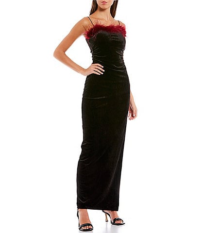 Honey and Rosie Feather Trim Square Neck Long Dress