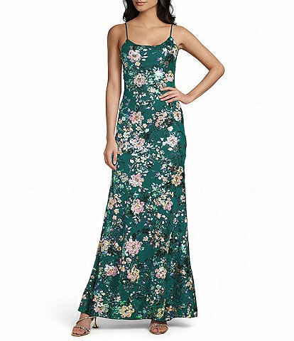 Honey and Rosie Floral Patterned Sequin Scoop Neck & Back Flared Hem Long Dress