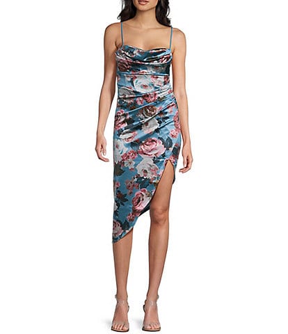 Honey and Rosie Floral Print Stretch Satin Cowl Neck Corset Inspired Asymmetrical Hem Dress