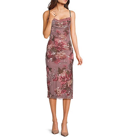 Honey and Rosie Floral Printed Mesh Sequin Lace Trim Cowl Neck Open Drape Back Midi Dress