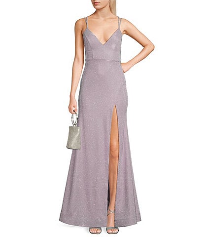Honey and Rosie Glitter Double Strap Lace-Up Back Front Slit Long Dress