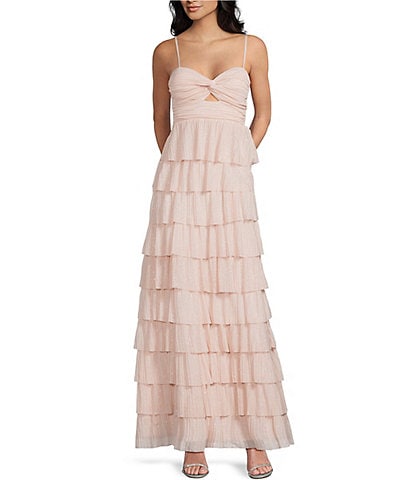Honey and Rosie Glitter Sheer Matte Jersey Twist Front Keyhole Pleated Ruffle Tiered Gown