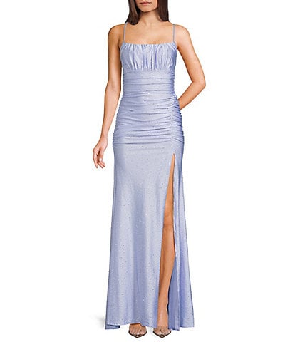 Honey and Rosie Glitter Square Neck Shirred Bust Ruched Side Slit Dress