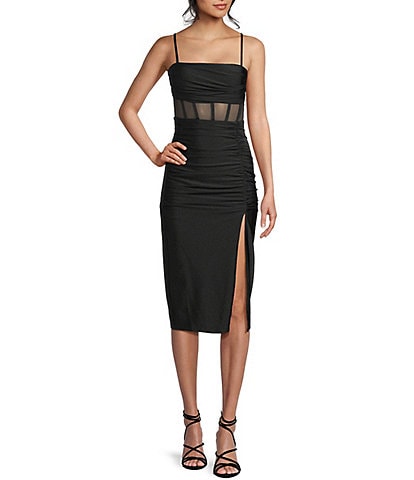 Honey and Rosie Illusion Corset Inspired Bodice Side Slit Flitted Midi Dress