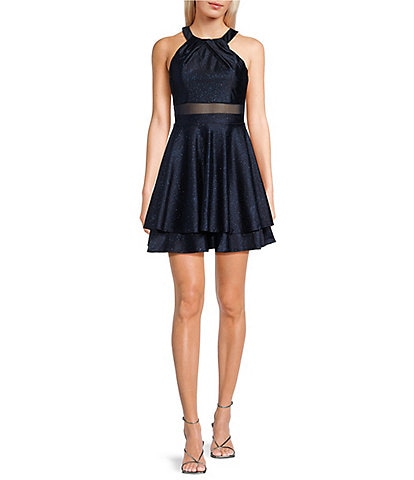 Honey and Rosie Illusion Mesh Waist Back Cut-Out Fit-And-Flare Dress
