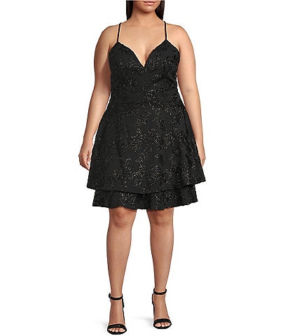 Honey and Rosie Plus Size Scuba Crepe Embroidered Deep V-Neck Scalloped Lace Back Fit And Flare Dress