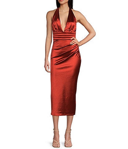 Honey and Rosie Royal Sateen Halter Plunge V-Neck Cummerbund Inspired Waist Midi Dress