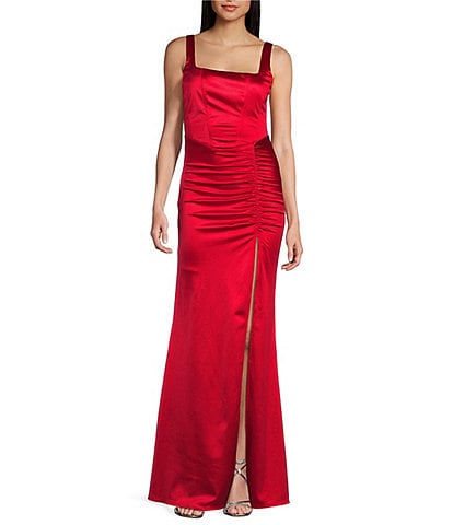 Honey and Rosie Sateen Square Neck Sleeveless Front Slit Gown