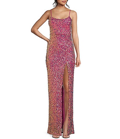 Honey and Rosie Sequin Front Slit Long Dress
