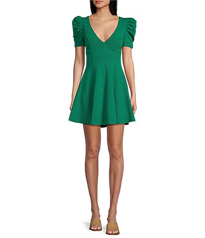 Honey and Rosie Short Puff Sleeve V-Neck A-Line Dress