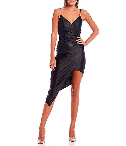 Honey and Rosie Spaghetti Strap Asymmetric-Hem Faux-Wrap Shimmery Stretch Satin Dress