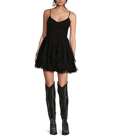 Honey and Rosie Spaghetti Strap Corset-Inspired Short Cork Screw Skirt Dress