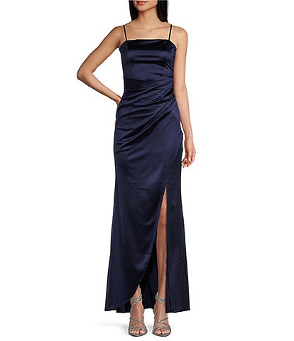 Honey and Rosie Spaghetti-Strap Square-Neck Faux-Wrap Slit Hem Stretch Satin Long Dress