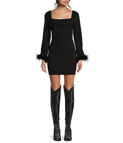 Honey and Rosie Square Neck Long Sleeve Feather Cuff Bodycon Dress