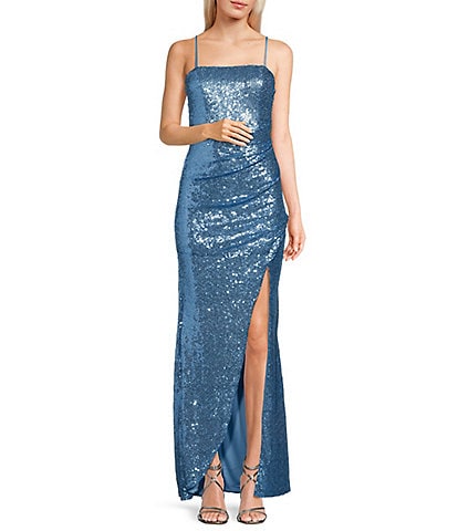 Honey and Rosie Sequin Square Neck Pleated Waist Side Slit Long Gown