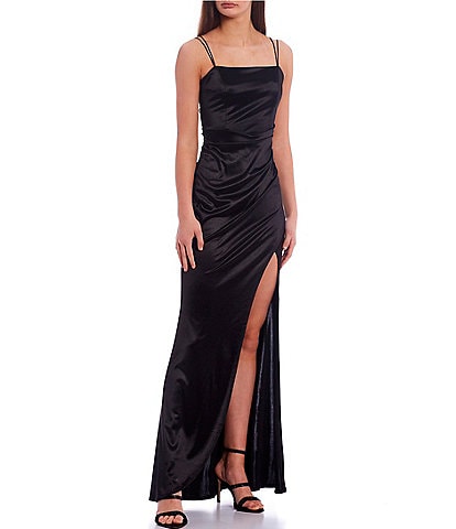 Honey and Rosie Double Strap Wrap Waist Side Slit Long Satin Gown