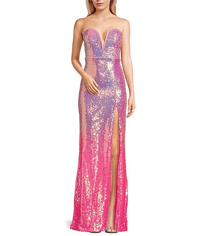 Honey and Rosie Strapless Ombre Sequin Lace-Up Back Front Slit Long Dress