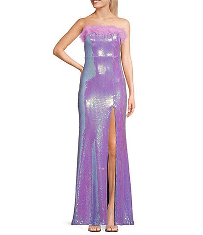 Honey and Rosie Strapless Sequin Feather Trim Front Slit Long Dress
