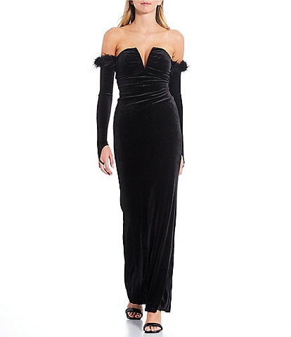 Honey and Rosie Strapless V-Neck Gloved Feather Trim Long Dress