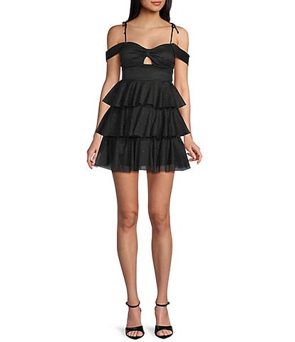 Honey and Rosie Sweetheart Off Shoulder Mesh Drape Ruffle Skirt Dress