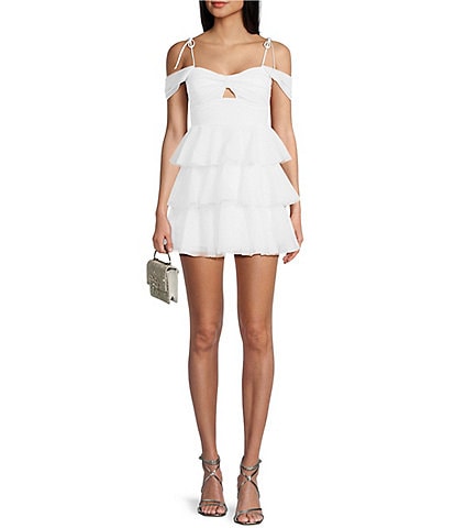 Honey and Rosie Sweetheart Off Shoulder Mesh Drape Ruffle Skirt Dress