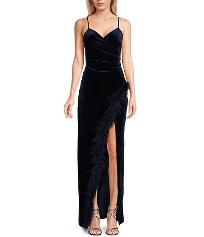 Honey and Rosie V-Neck Feather Trim Wrap Long Dress