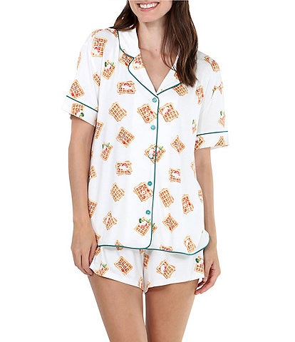 Honeydew Intimates All American Shortie Short Sleeve Notch Collar Ivory Waffles Print Pajama Set