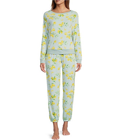 Honeydew Intimates Star Seeker Lounge Knit Stripe Tealeaf Lemon Print Top & Jogger Pajama Set