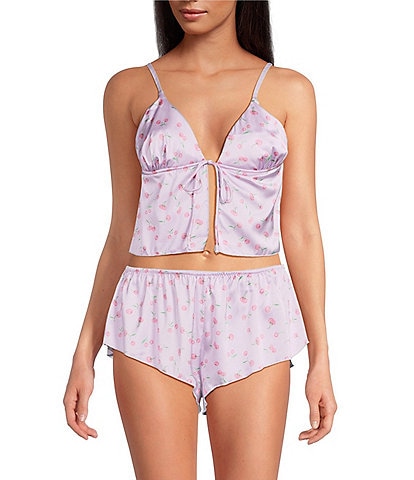 HONEYDEW Rowan Satin Sleeveless Front-Close Tank & Shorty Cherry Print Lingerie Set