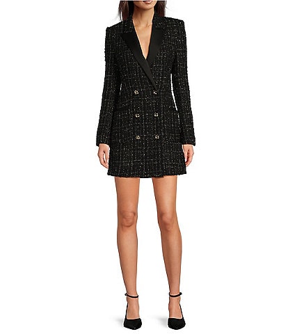 Hugo Boss Dansian Tweed Lurex Notch Lapel Long Sleeve Tuxedo Dress