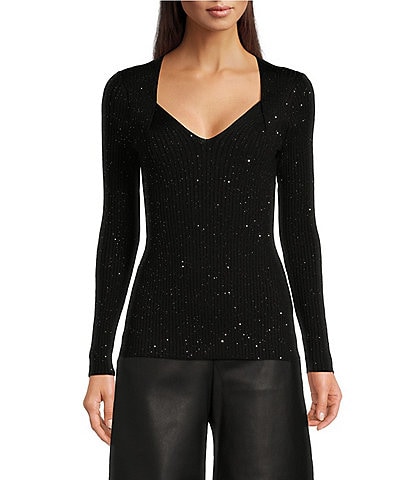 Hugo Boss Ferim Ribbed Wool Blend Sequin V-Neck Long Sleeve Top